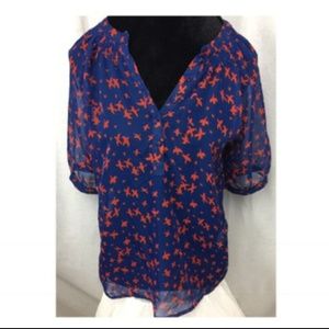 Sheer Printed Top Blouse Navy Blue w/Red Birds L